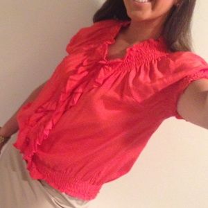 Joie Orange Ruffle Work Silk Top Blouse - M